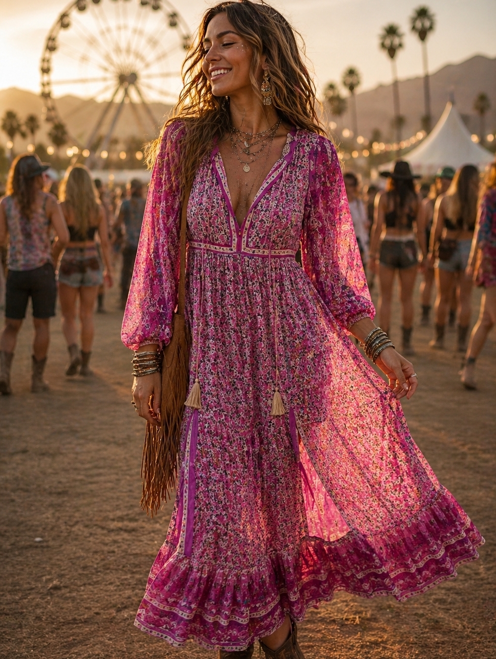 Free People Fuchsia Floral Boho Maxi Kaftan Tassle Dress